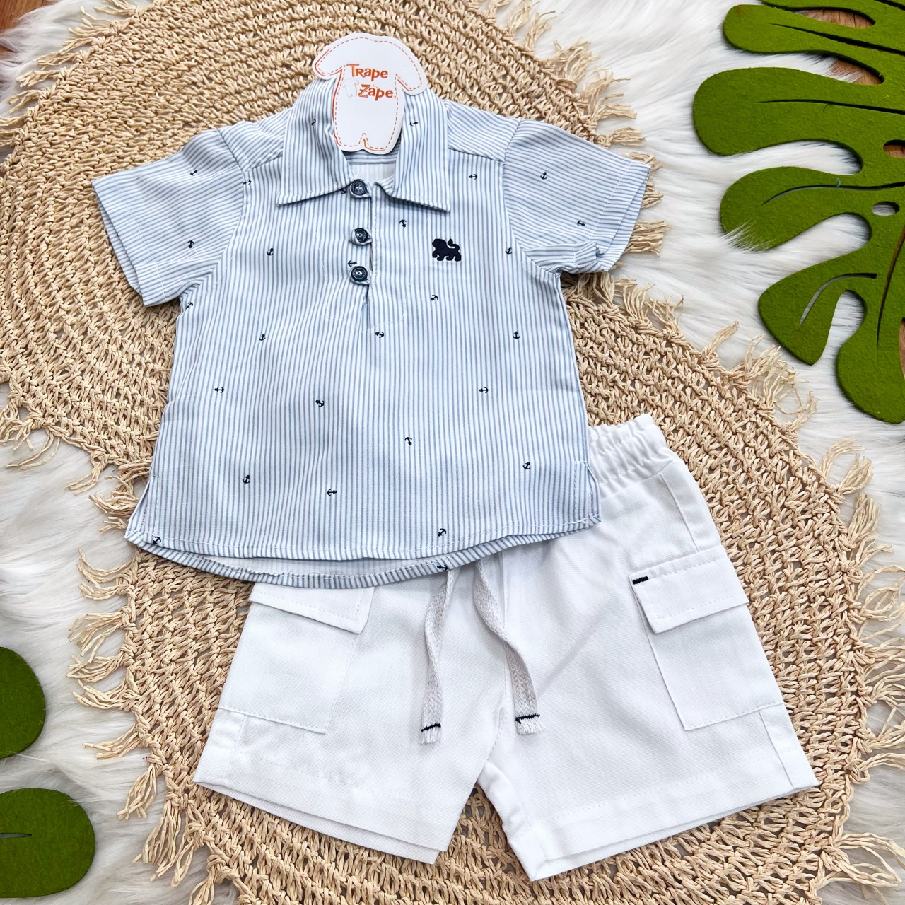 Conj Camisa Listrada Azul Claro Âncoras e Short